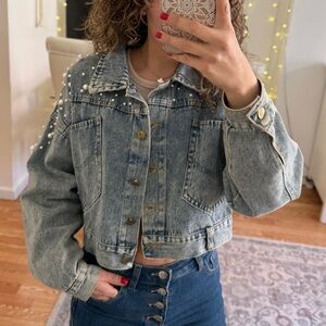 Denim Pearl-Studded Women's Jacket